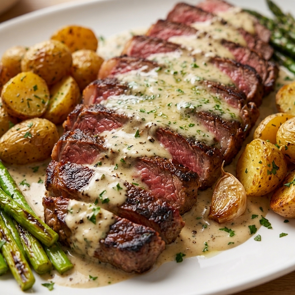 Pan Seared Steak with Garlic Herb Cream Sauce Recipe